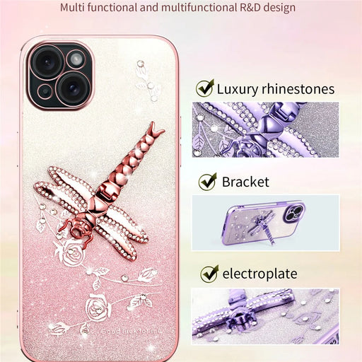 KADEM For iPhone 14 Case Dragonfly Kickstand TPU Flowers Glitter Phone Cover - Purple - 2