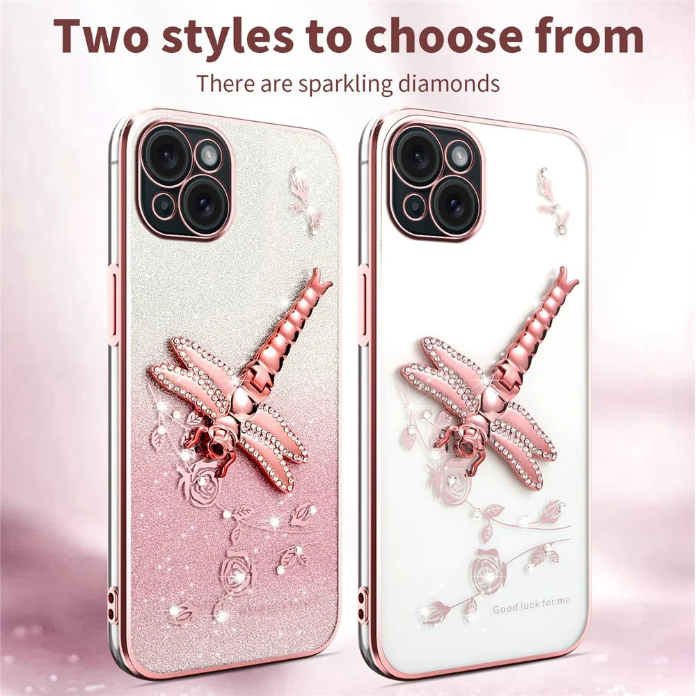 KADEM For iPhone 14 Case Dragonfly Kickstand TPU Flowers Glitter Phone Cover - Purple - 6