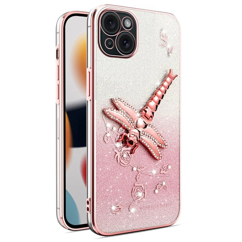 KADEM For iPhone 13 Case Dragonfly Kickstand TPU Flowers Glitter Phone Cover - Pink - 1