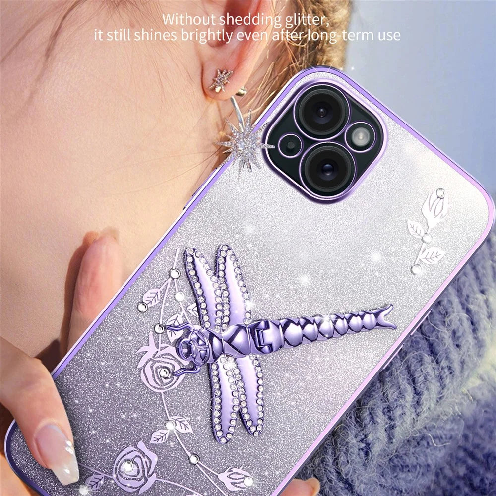 KADEM For iPhone 13 Case Dragonfly Kickstand TPU Flowers Glitter Phone Cover - Pink - 5