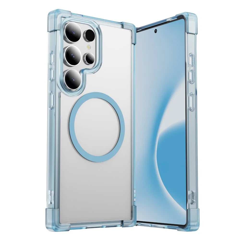 For Samsung Galaxy S23 Ultra Magnetic Case Reinforced Corners TPU + Acrylic Back Cover - Transparent Blue - 1
