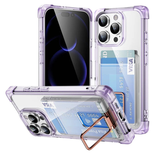 For iPhone 16 Pro Max Case Reinforced Corners TPU + Acrylic Phone Cover with Kickstand Card Holder - Transparent Purple - 1