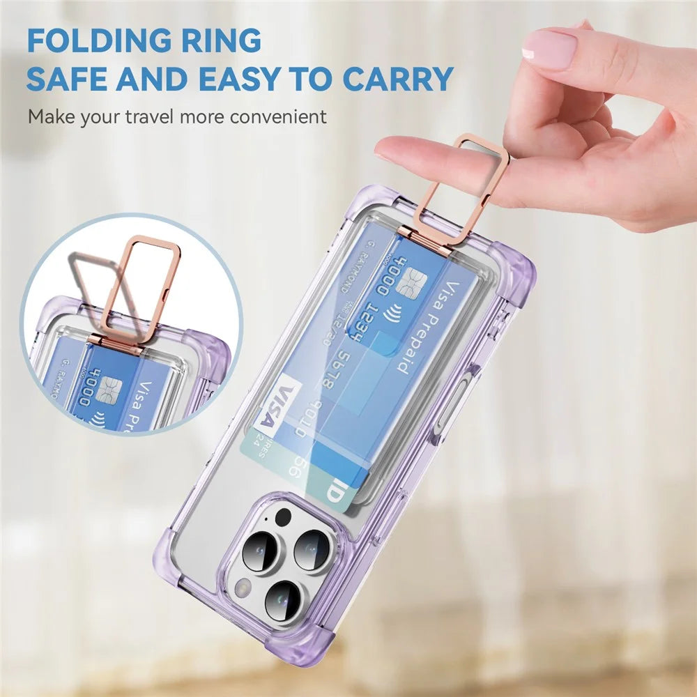 For iPhone 16 Pro Max Case Reinforced Corners TPU + Acrylic Phone Cover with Kickstand Card Holder - Transparent Purple - 2