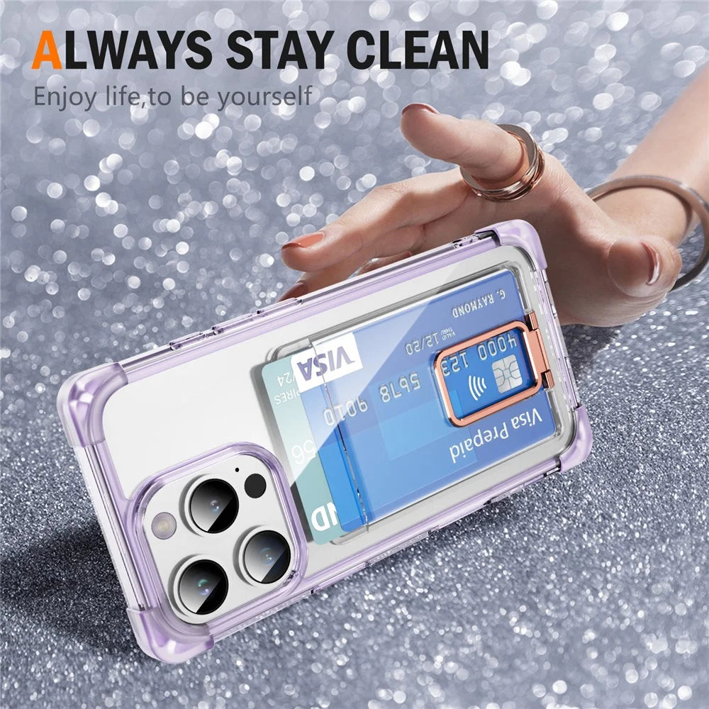 For iPhone 16 Pro Max Case Reinforced Corners TPU + Acrylic Phone Cover with Kickstand Card Holder - Transparent Purple - 3