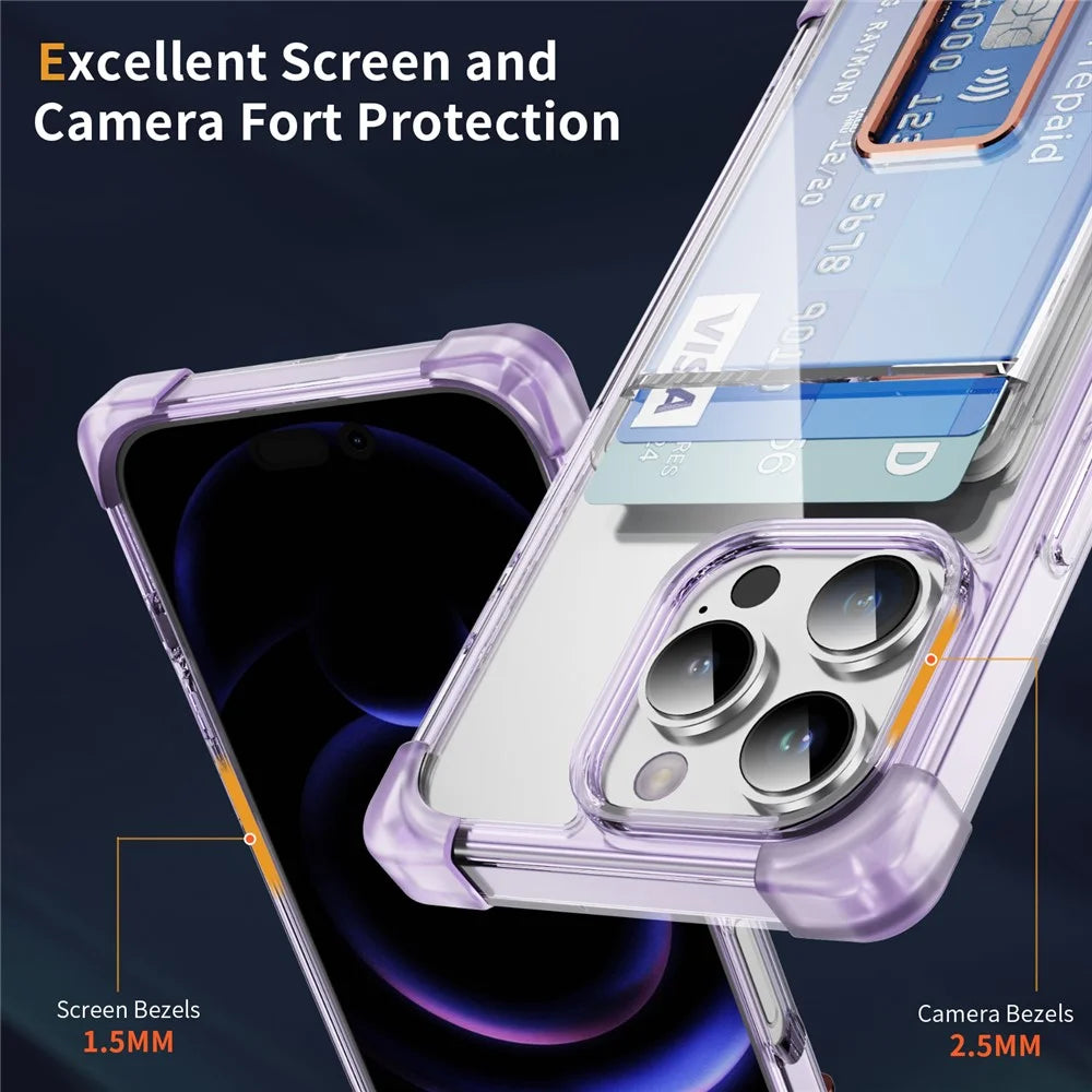 For iPhone 16 Pro Max Case Reinforced Corners TPU + Acrylic Phone Cover with Kickstand Card Holder - Transparent Purple - 4