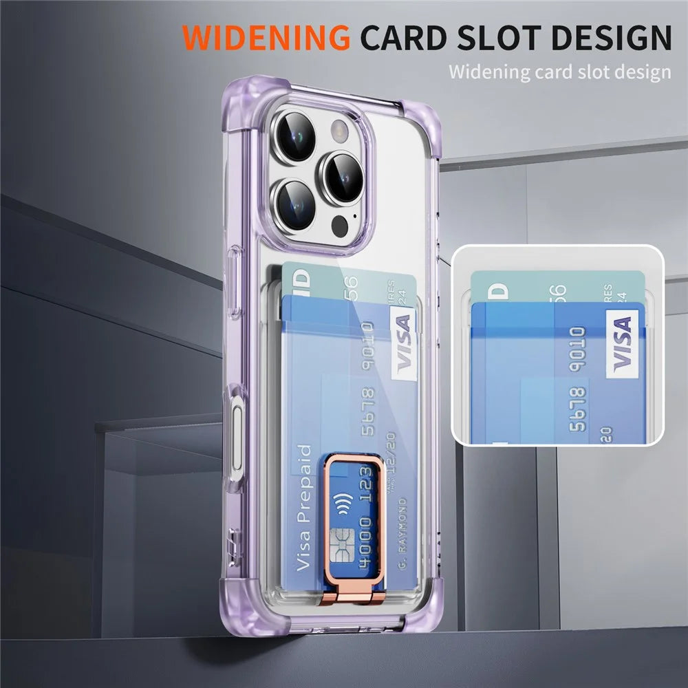 For iPhone 16 Pro Max Case Reinforced Corners TPU + Acrylic Phone Cover with Kickstand Card Holder - Transparent Purple - 5