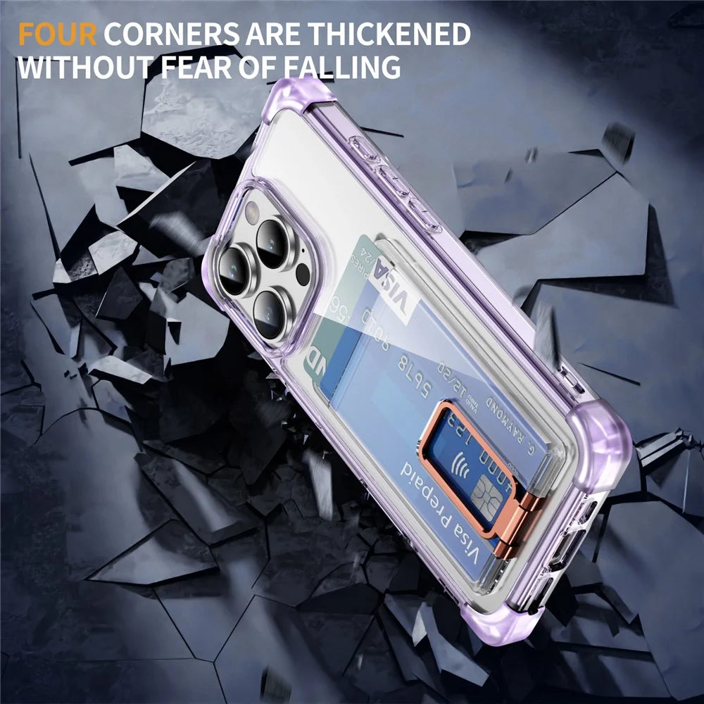 For iPhone 16 Pro Max Case Reinforced Corners TPU + Acrylic Phone Cover with Kickstand Card Holder - Transparent Purple - 6