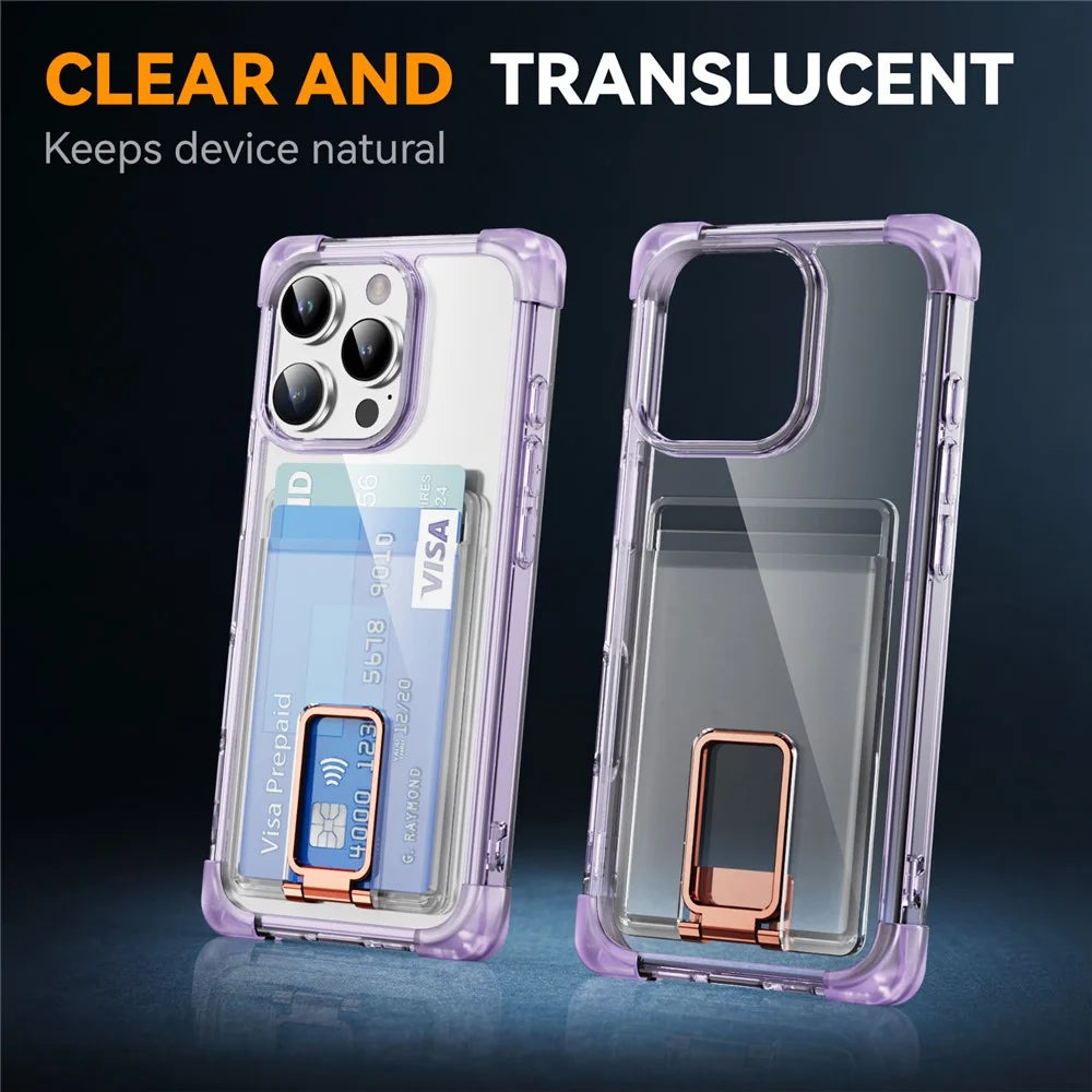 For iPhone 16 Pro Max Case Reinforced Corners TPU + Acrylic Phone Cover with Kickstand Card Holder - Transparent Purple - 7