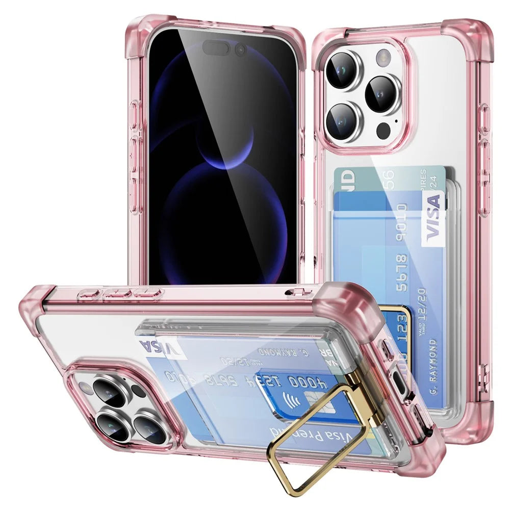 For iPhone 16 Pro Case Reinforced Corners TPU + Acrylic Phone Cover with Kickstand Card Holder - Transparent Pink - 1