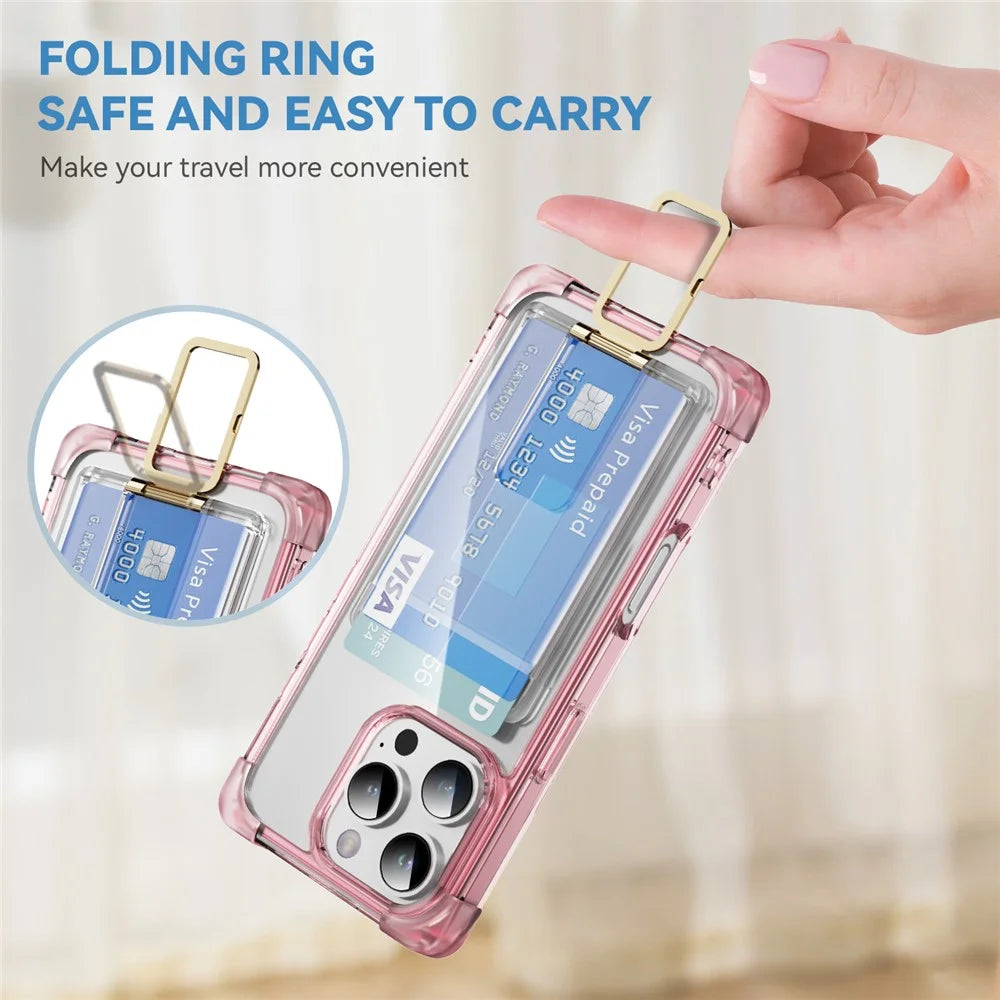For iPhone 16 Pro Case Reinforced Corners TPU + Acrylic Phone Cover with Kickstand Card Holder - Transparent Pink - 2