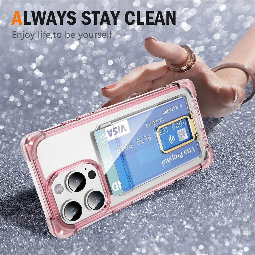 For iPhone 16 Pro Case Reinforced Corners TPU + Acrylic Phone Cover with Kickstand Card Holder - Transparent Pink - 3