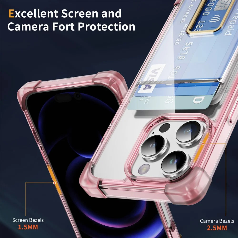 For iPhone 16 Pro Case Reinforced Corners TPU + Acrylic Phone Cover with Kickstand Card Holder - Transparent Pink - 4