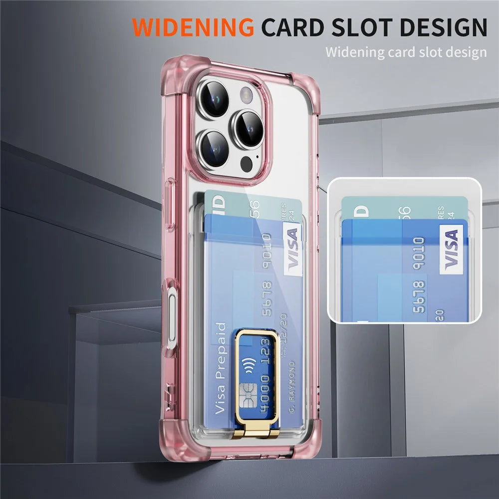 For iPhone 16 Pro Case Reinforced Corners TPU + Acrylic Phone Cover with Kickstand Card Holder - Transparent Pink - 5