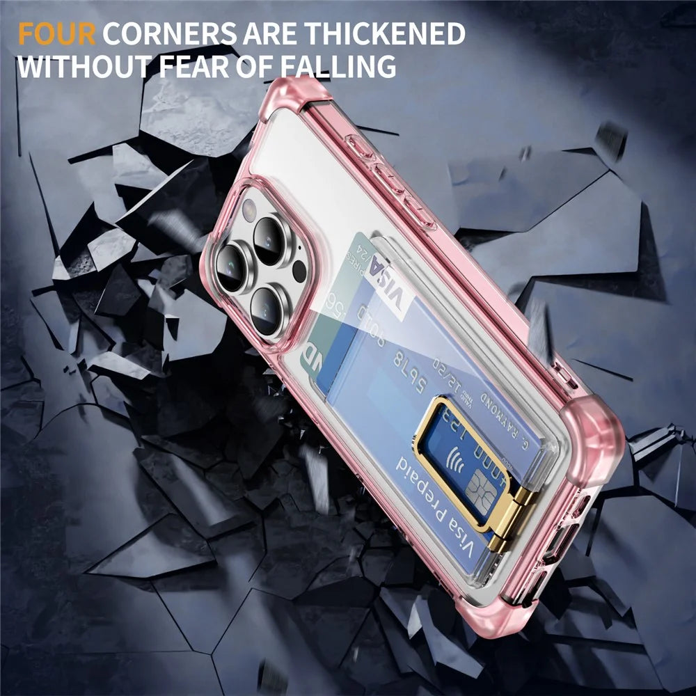 For iPhone 16 Pro Case Reinforced Corners TPU + Acrylic Phone Cover with Kickstand Card Holder - Transparent Pink - 6