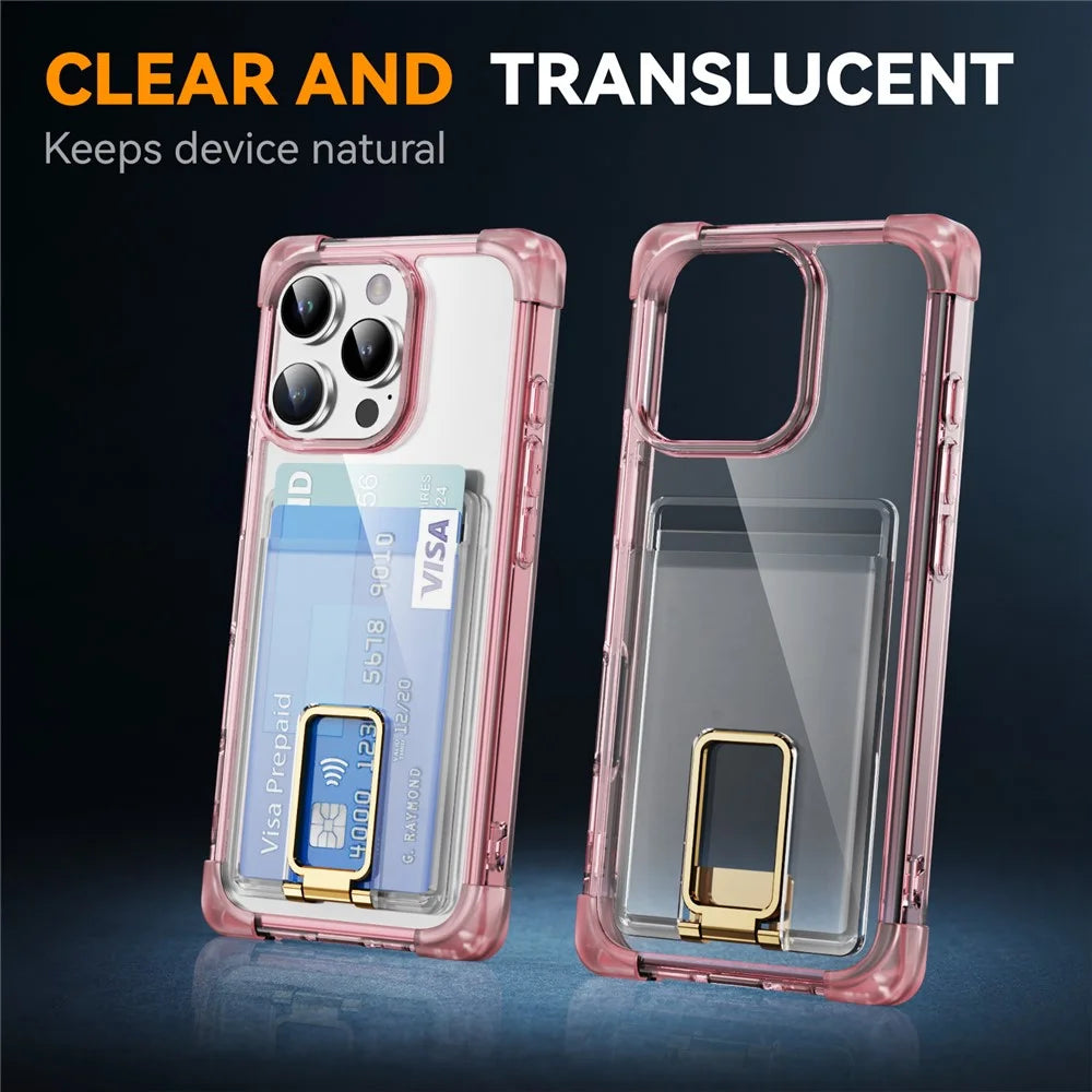 For iPhone 16 Pro Case Reinforced Corners TPU + Acrylic Phone Cover with Kickstand Card Holder - Transparent Pink - 7