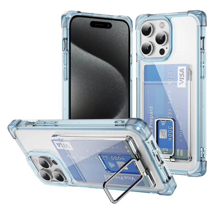 For iPhone 15 Pro Max Case Reinforced Corners TPU + Acrylic Phone Cover with Kickstand Card Holder - Transparent Blue - 1