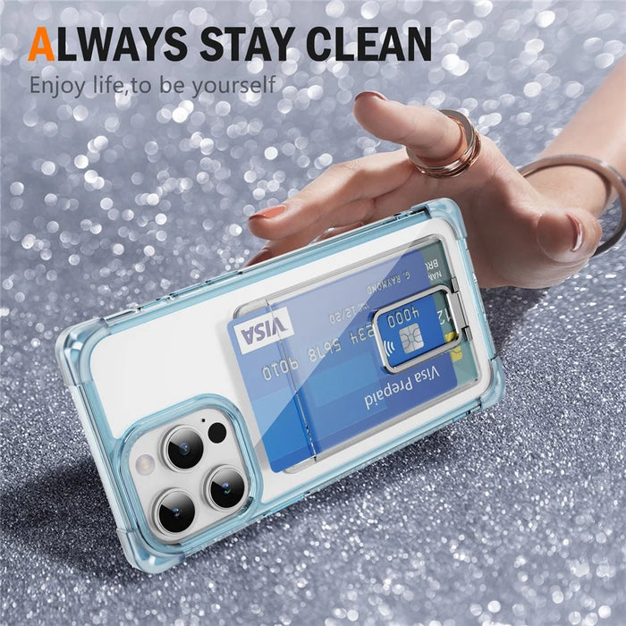 For iPhone 15 Pro Max Case Reinforced Corners TPU + Acrylic Phone Cover with Kickstand Card Holder - Transparent Blue - 3