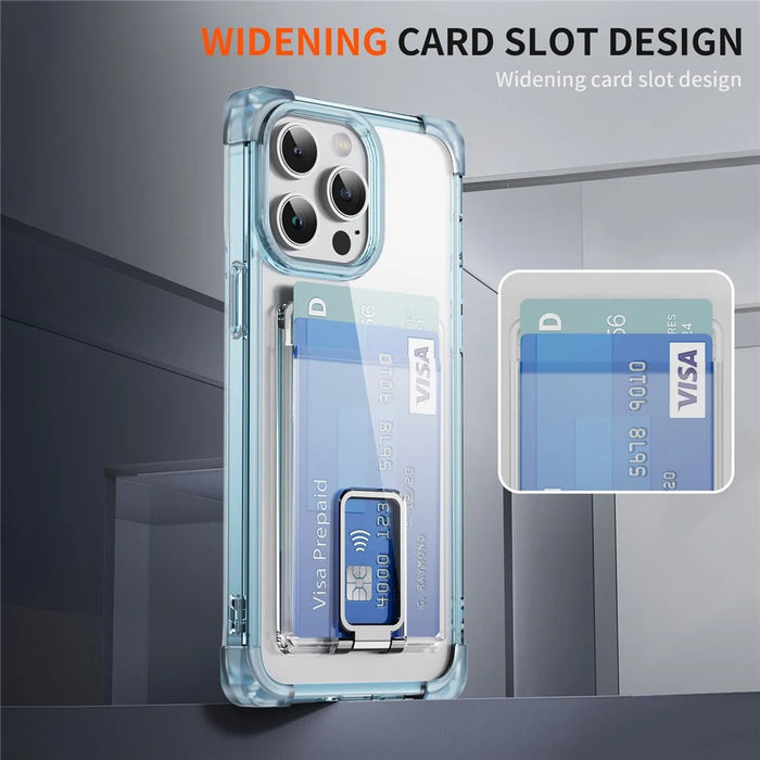 For iPhone 15 Pro Max Case Reinforced Corners TPU + Acrylic Phone Cover with Kickstand Card Holder - Transparent Blue - 4