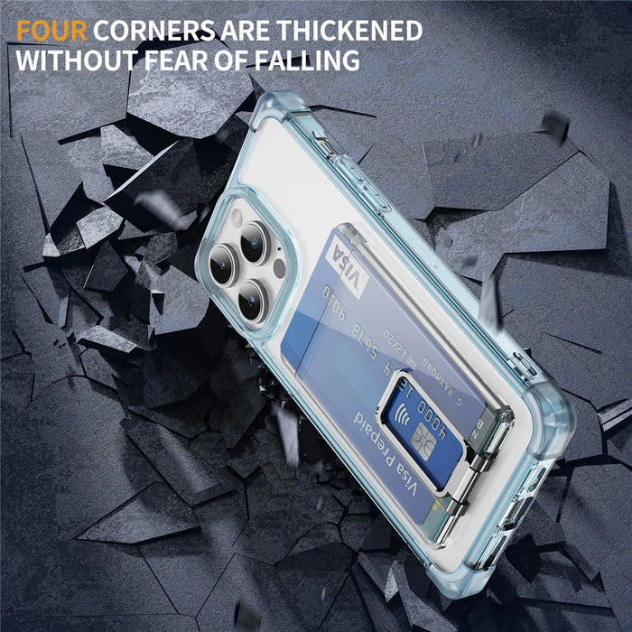 For iPhone 15 Pro Max Case Reinforced Corners TPU + Acrylic Phone Cover with Kickstand Card Holder - Transparent Blue - 5