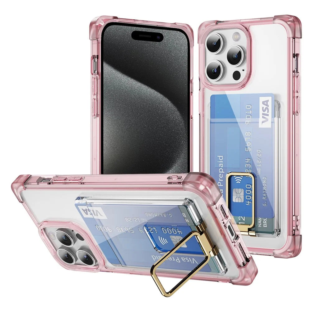 For iPhone 15 Pro Case Reinforced Corners TPU + Acrylic Phone Cover with Kickstand Card Holder - Transparent Pink - 1