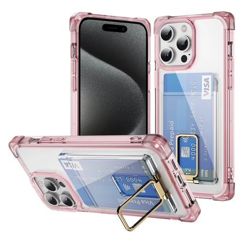 For iPhone 15 Pro Case Reinforced Corners TPU + Acrylic Phone Cover with Kickstand Card Holder - Transparent Pink - 1