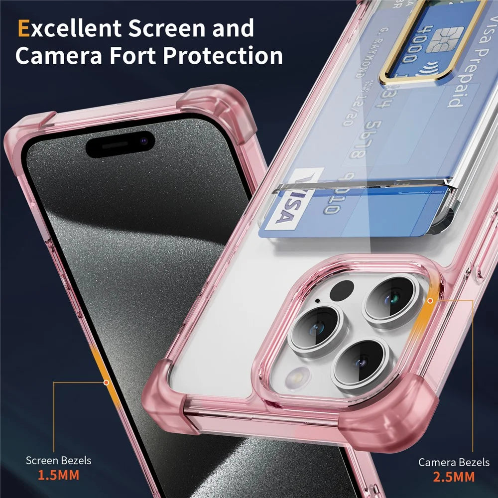 For iPhone 15 Pro Case Reinforced Corners TPU + Acrylic Phone Cover with Kickstand Card Holder - Transparent Pink - 2