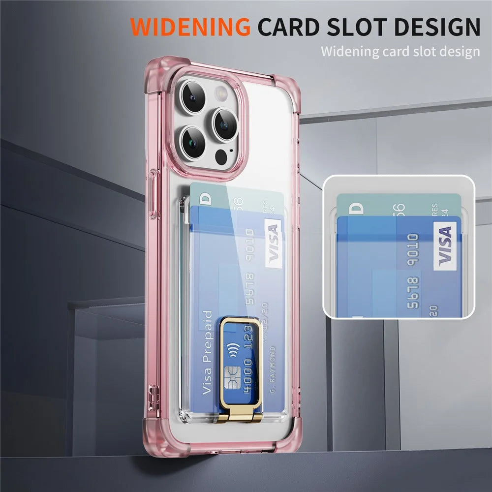 For iPhone 15 Pro Case Reinforced Corners TPU + Acrylic Phone Cover with Kickstand Card Holder - Transparent Pink - 4