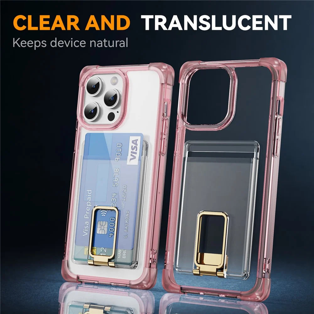 For iPhone 15 Pro Case Reinforced Corners TPU + Acrylic Phone Cover with Kickstand Card Holder - Transparent Pink - 6