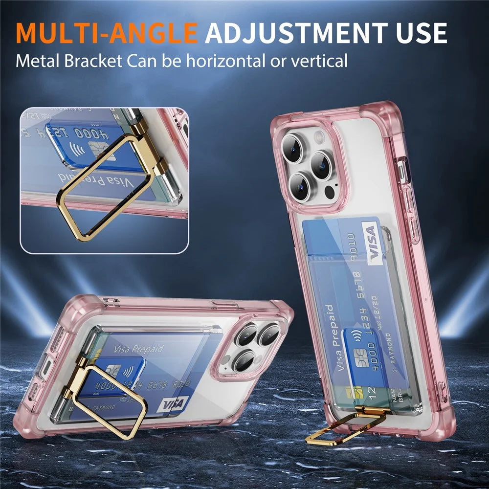 For iPhone 15 Pro Case Reinforced Corners TPU + Acrylic Phone Cover with Kickstand Card Holder - Transparent Pink - 7