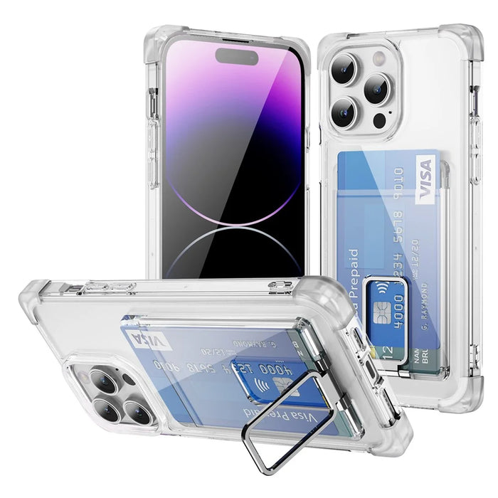 For iPhone 14 Pro Max Case Reinforced Corners TPU + Acrylic Phone Cover with Kickstand Card Holder - Transparent - 1