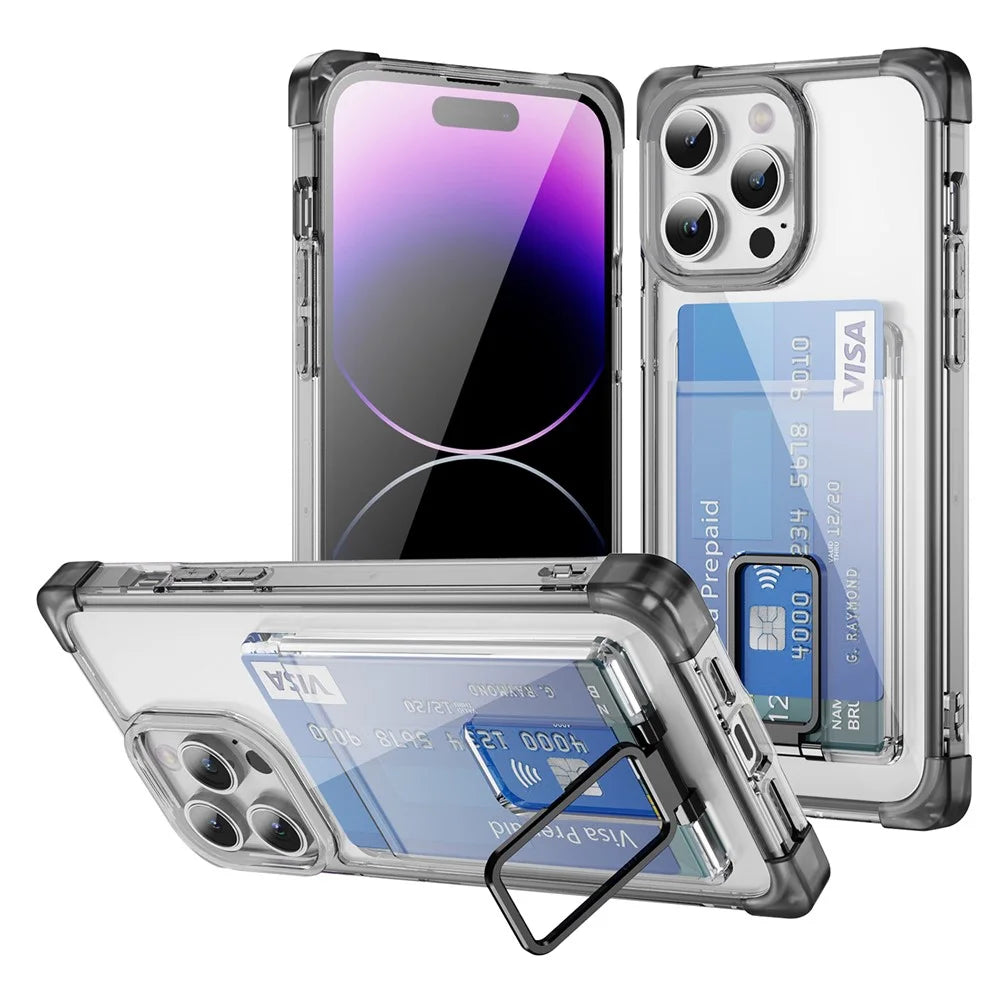 For iPhone 14 Pro Case Reinforced Corners TPU + Acrylic Phone Cover with Kickstand Card Holder - Transparent Black - 1