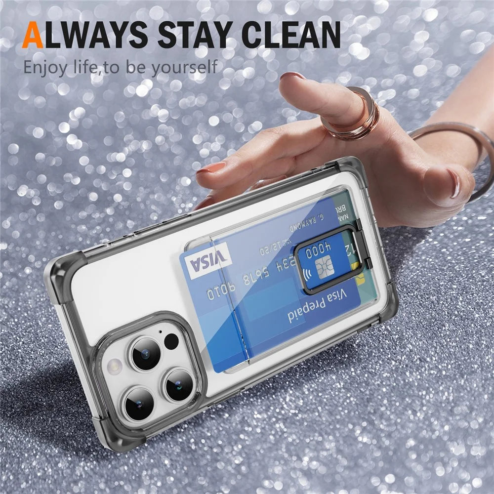 For iPhone 14 Pro Case Reinforced Corners TPU + Acrylic Phone Cover with Kickstand Card Holder - Transparent Black - 2