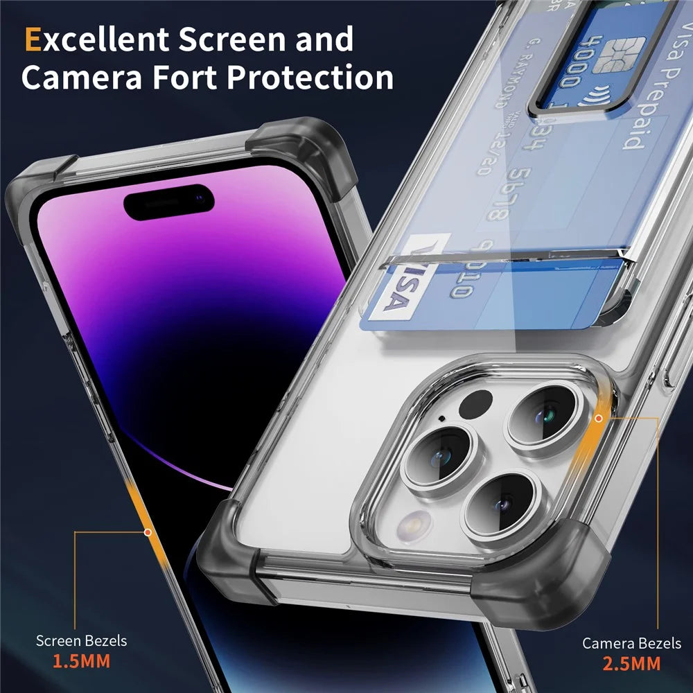 For iPhone 14 Pro Case Reinforced Corners TPU + Acrylic Phone Cover with Kickstand Card Holder - Transparent Black - 3