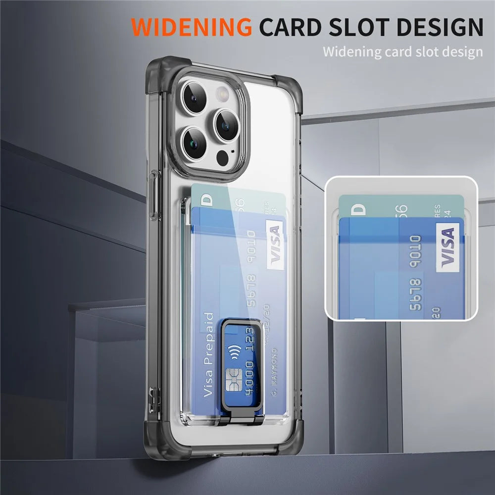 For iPhone 14 Pro Case Reinforced Corners TPU + Acrylic Phone Cover with Kickstand Card Holder - Transparent Black - 4