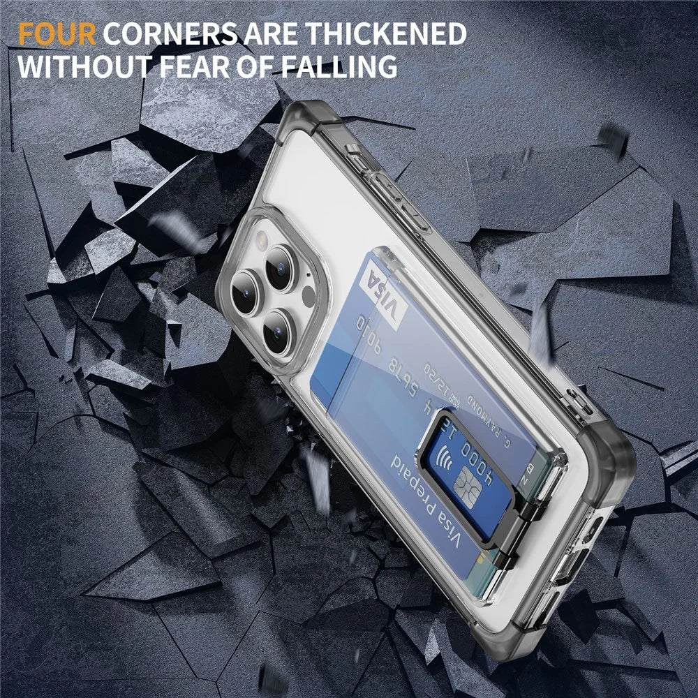 For iPhone 14 Pro Case Reinforced Corners TPU + Acrylic Phone Cover with Kickstand Card Holder - Transparent Black - 5