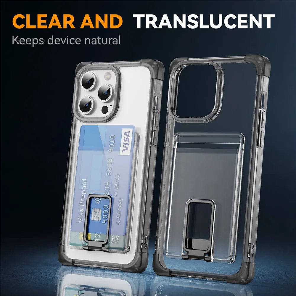 For iPhone 14 Pro Case Reinforced Corners TPU + Acrylic Phone Cover with Kickstand Card Holder - Transparent Black - 6
