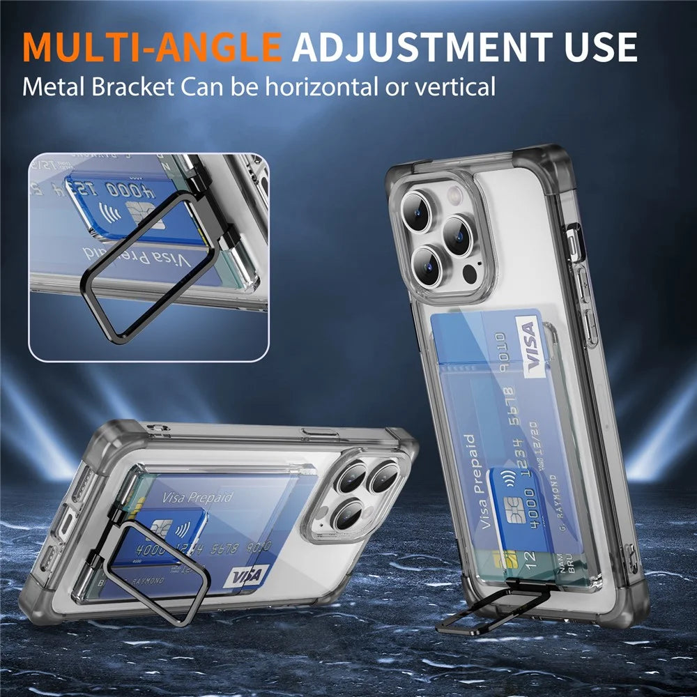 For iPhone 14 Pro Case Reinforced Corners TPU + Acrylic Phone Cover with Kickstand Card Holder - Transparent Black - 7