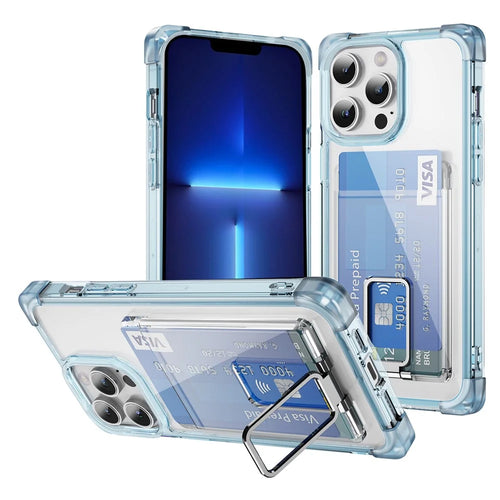 For iPhone 13 Pro Max Case Reinforced Corners TPU + Acrylic Phone Cover with Kickstand Card Holder - Transparent Blue - 1