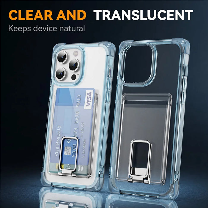 For iPhone 13 Pro Max Case Reinforced Corners TPU + Acrylic Phone Cover with Kickstand Card Holder - Transparent Blue - 5