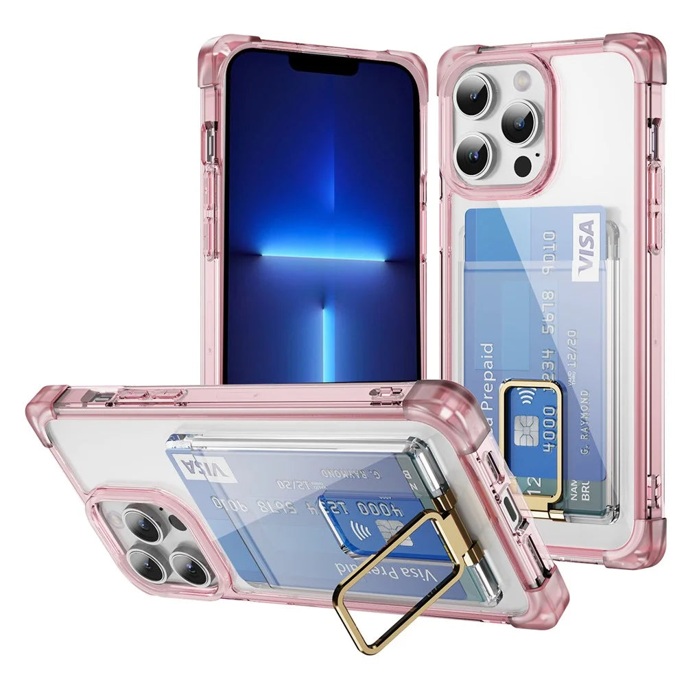 For iPhone 13 Pro Case Reinforced Corners TPU + Acrylic Phone Cover with Kickstand Card Holder - Transparent Pink - 1