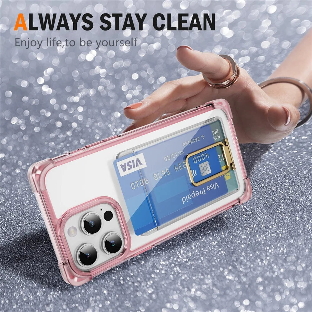 For iPhone 13 Pro Case Reinforced Corners TPU + Acrylic Phone Cover with Kickstand Card Holder - Transparent Pink - 2