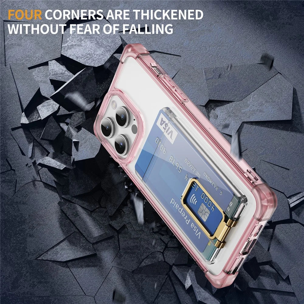 For iPhone 13 Pro Case Reinforced Corners TPU + Acrylic Phone Cover with Kickstand Card Holder - Transparent Pink - 4