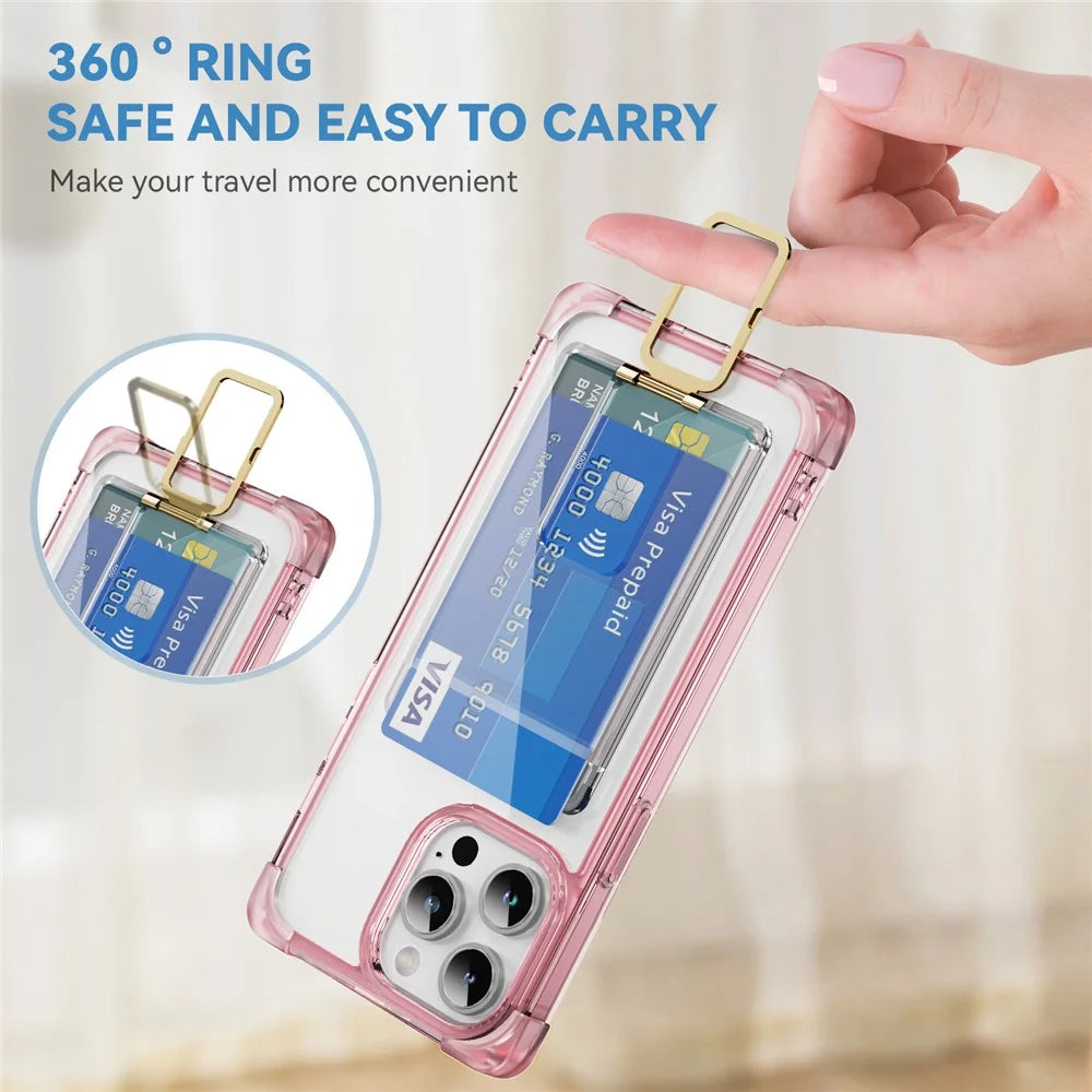 For iPhone 13 Pro Case Reinforced Corners TPU + Acrylic Phone Cover with Kickstand Card Holder - Transparent Pink - 7
