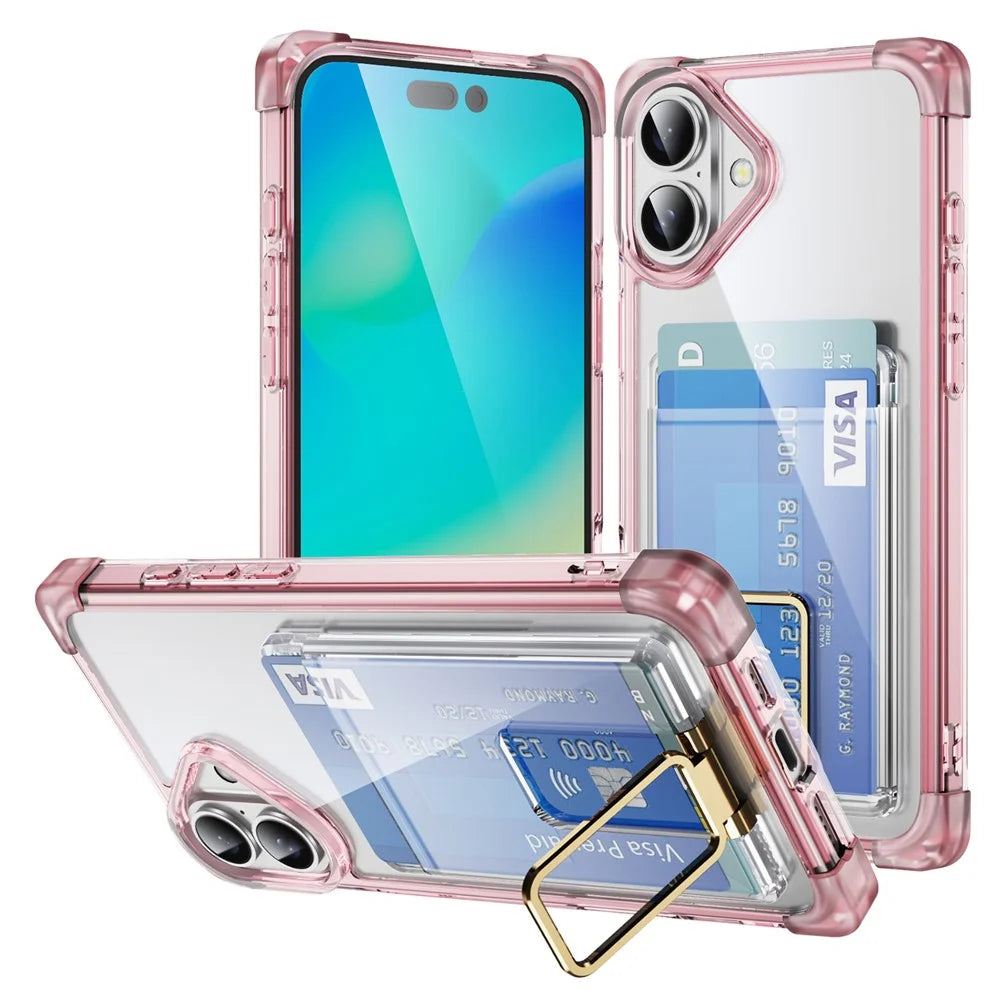 For iPhone 16 Plus Case Reinforced Corners TPU + Acrylic Phone Cover with Kickstand Card Holder - Transparent Pink - 1