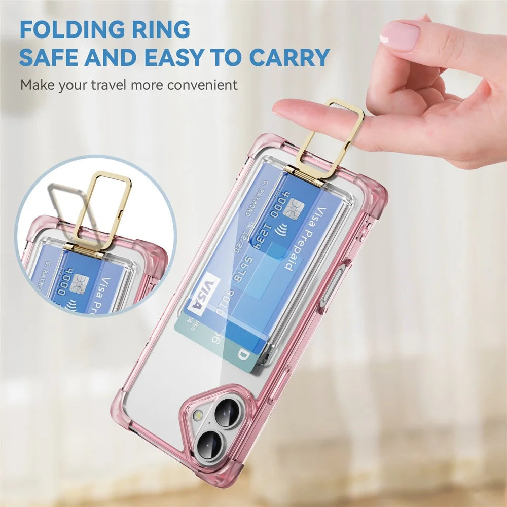 For iPhone 16 Plus Case Reinforced Corners TPU + Acrylic Phone Cover with Kickstand Card Holder - Transparent Pink - 2