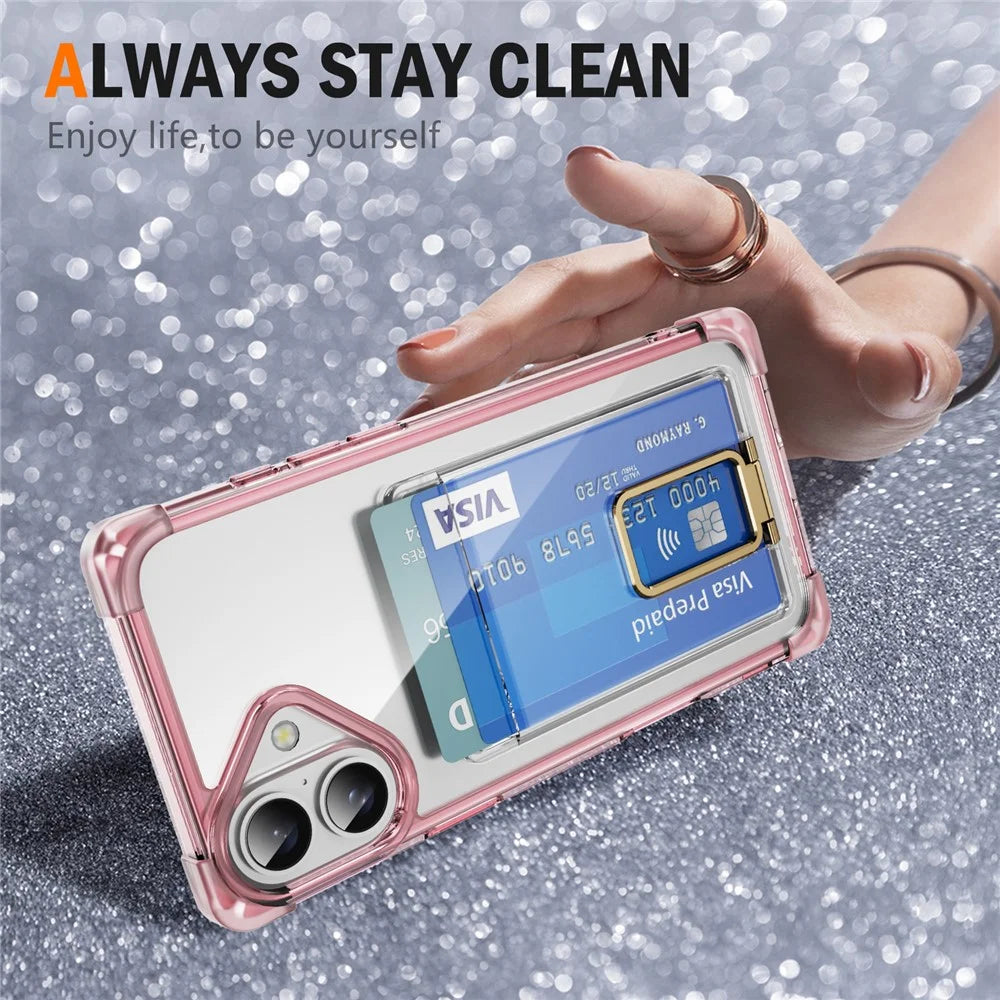 For iPhone 16 Plus Case Reinforced Corners TPU + Acrylic Phone Cover with Kickstand Card Holder - Transparent Pink - 3