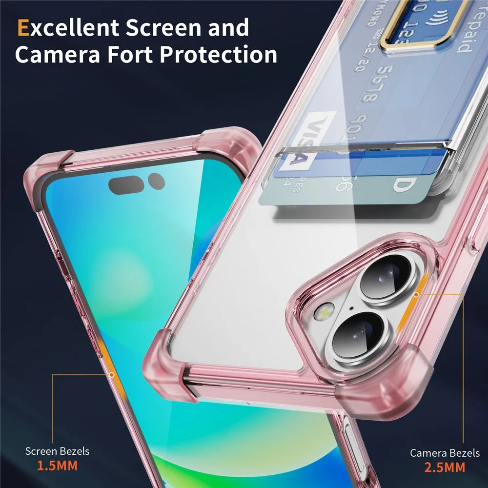 For iPhone 16 Plus Case Reinforced Corners TPU + Acrylic Phone Cover with Kickstand Card Holder - Transparent Pink - 4