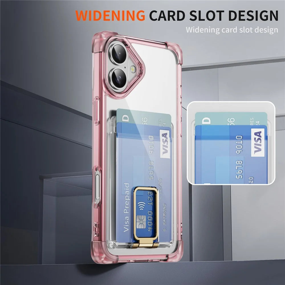For iPhone 16 Plus Case Reinforced Corners TPU + Acrylic Phone Cover with Kickstand Card Holder - Transparent Pink - 5