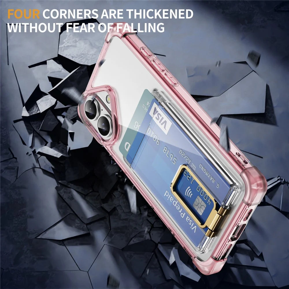 For iPhone 16 Plus Case Reinforced Corners TPU + Acrylic Phone Cover with Kickstand Card Holder - Transparent Pink - 6