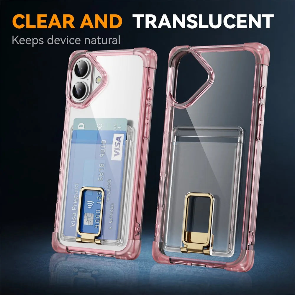 For iPhone 16 Plus Case Reinforced Corners TPU + Acrylic Phone Cover with Kickstand Card Holder - Transparent Pink - 7